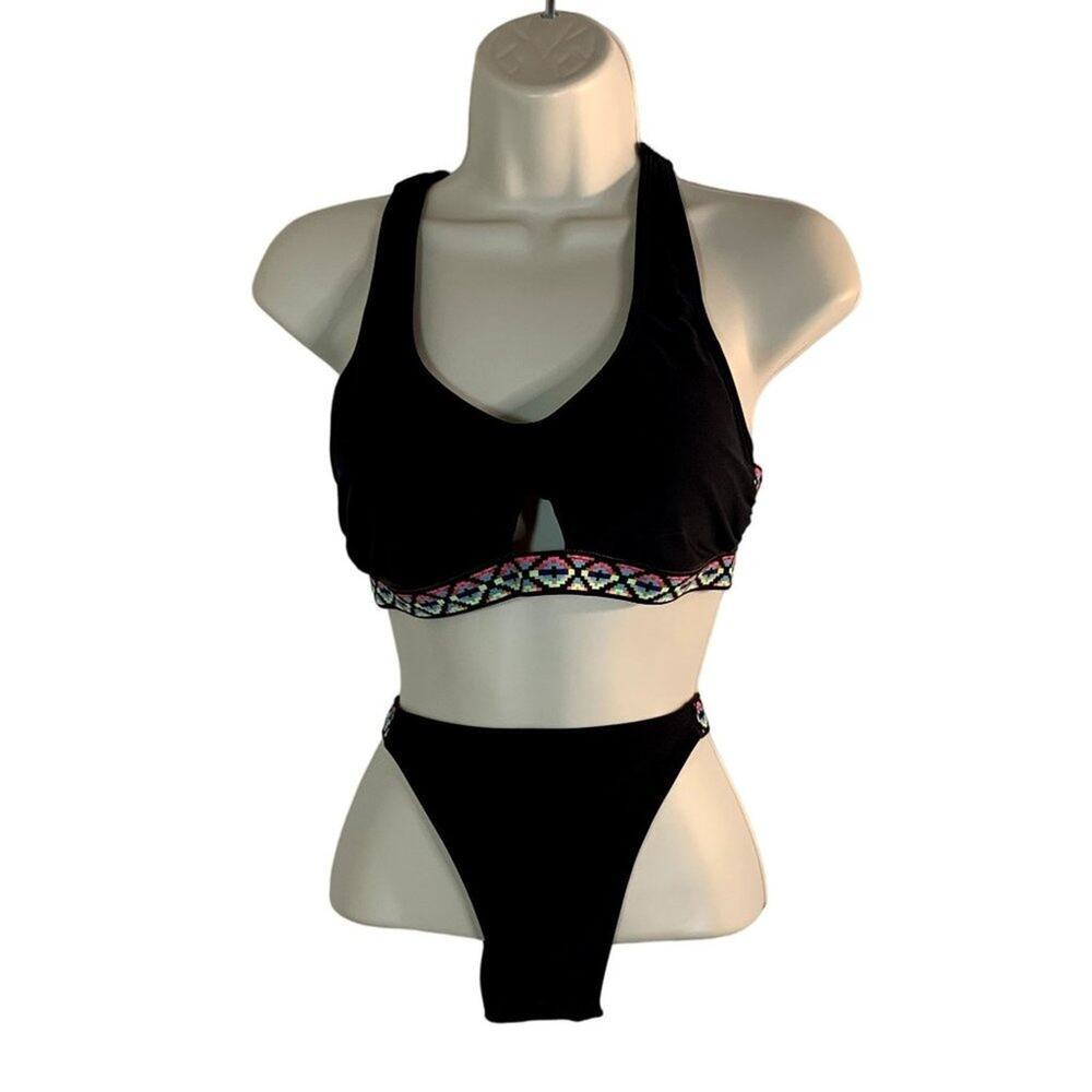 EXHILARATION Women Black w/Multi Color RainbowTrim BikiniTop/Bottom Swim Sz M‎ - Picture 2 of 11